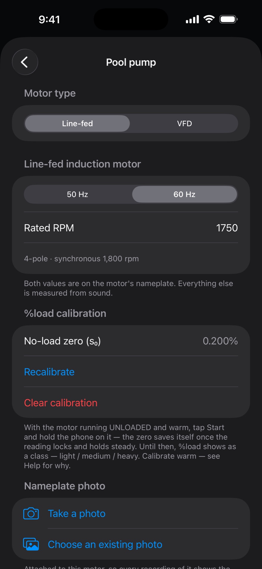 One motor's settings page: line-fed or VFD, 50 or 60 Hz, and a rated RPM of 1750, from which the app derives 4-pole and a synchronous speed of 1,800 rpm