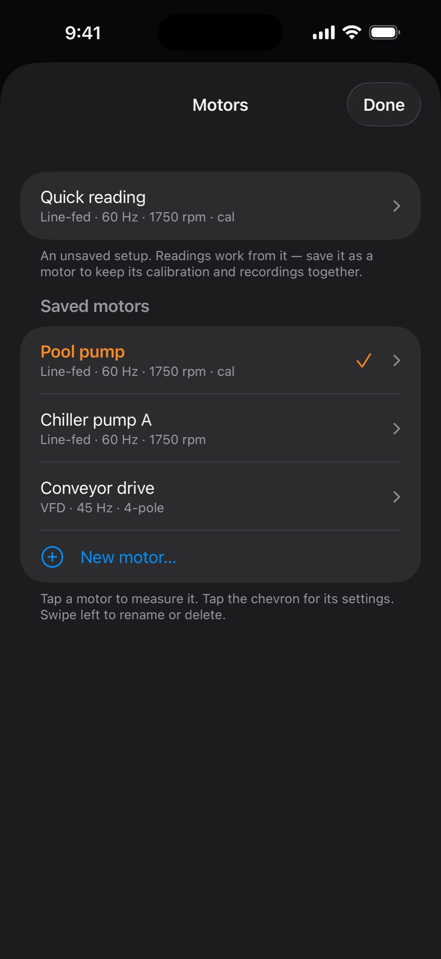 The Motors list: a quick reading setup at the top, then saved motors including Pool pump, Chiller pump A and Conveyor drive, each showing its supply and rated speed
