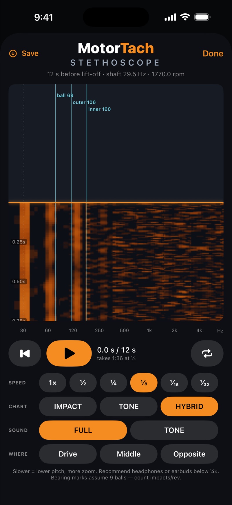 The MotorTach Stethoscope screen: a constant-Q waterfall with bearing-rate marks, playback speed controls from 1x down to one thirty-second, and chart and sound mode selectors